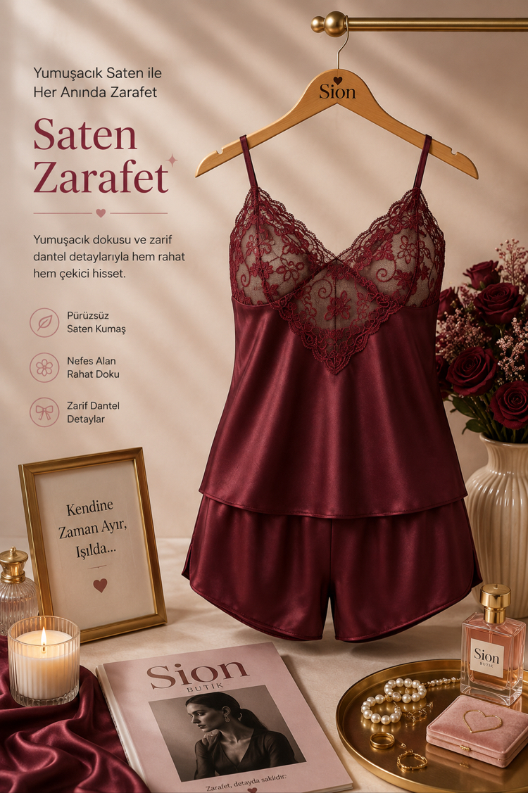 Bordo Dantel Detaylı Saten Gecelik Takımı